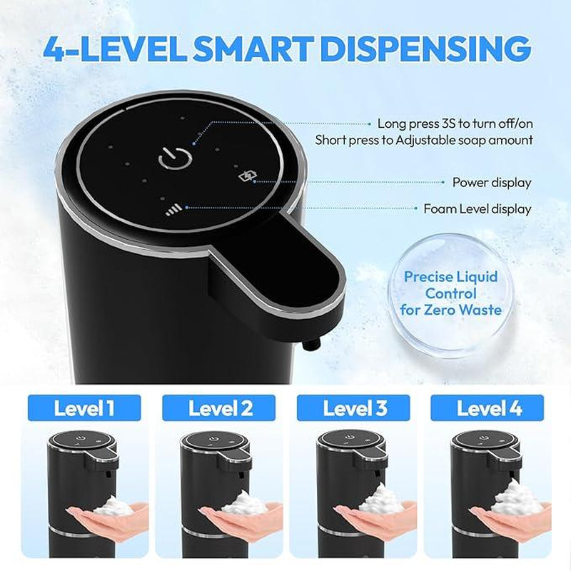 Smart Sensor Soap Dispenser, Automatic Hands-Free Foaming Dispenser USB-C Rechargeable, 4 Foam Settings & Quick Charge, Modern for Kitchen Bathroom Sink, Countertop or Wall Mounted (Black)