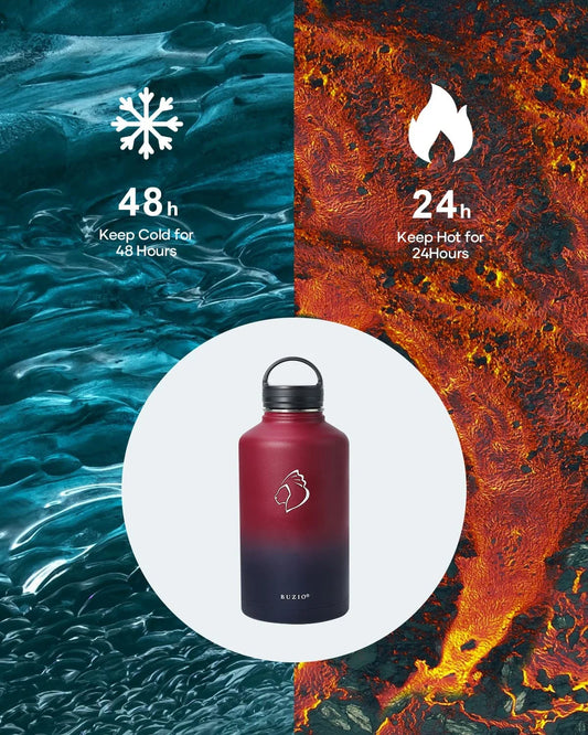 64 Oz Insulated Water Bottle with Straw & 3 Lids, Half Gallon Water Bottle Stainless Steel with Carrying Strap for Gym Sports Outdoor Hiking, Ombre Wine/Navy