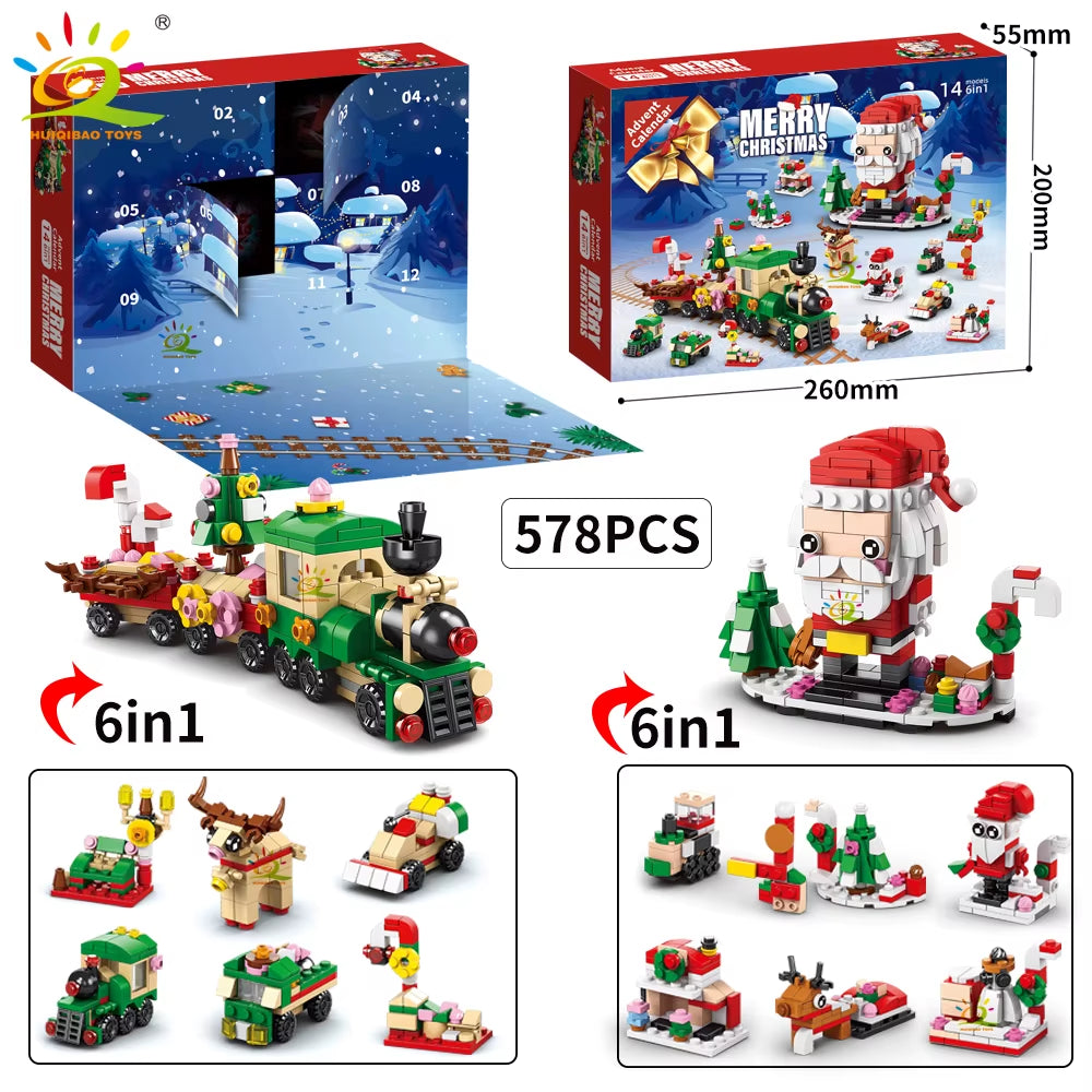 HUIQIBAO Christmas Tree Santa Claus Countdown 12Days Model Building Blocks DIY 6IN1 Set Elk Bricks Toys for Children Adult Gift