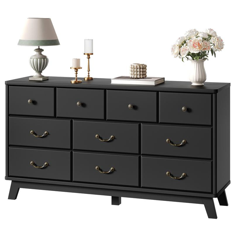 Black Dresser for Bedroom, Wooden 10 Drawer Dresser, 55.1" Wide Chest of Drawers with Vintage Metal Handle, Modern Dressers for Bedroom, Closet, Hallway, Living Room, Dressers TV Stand