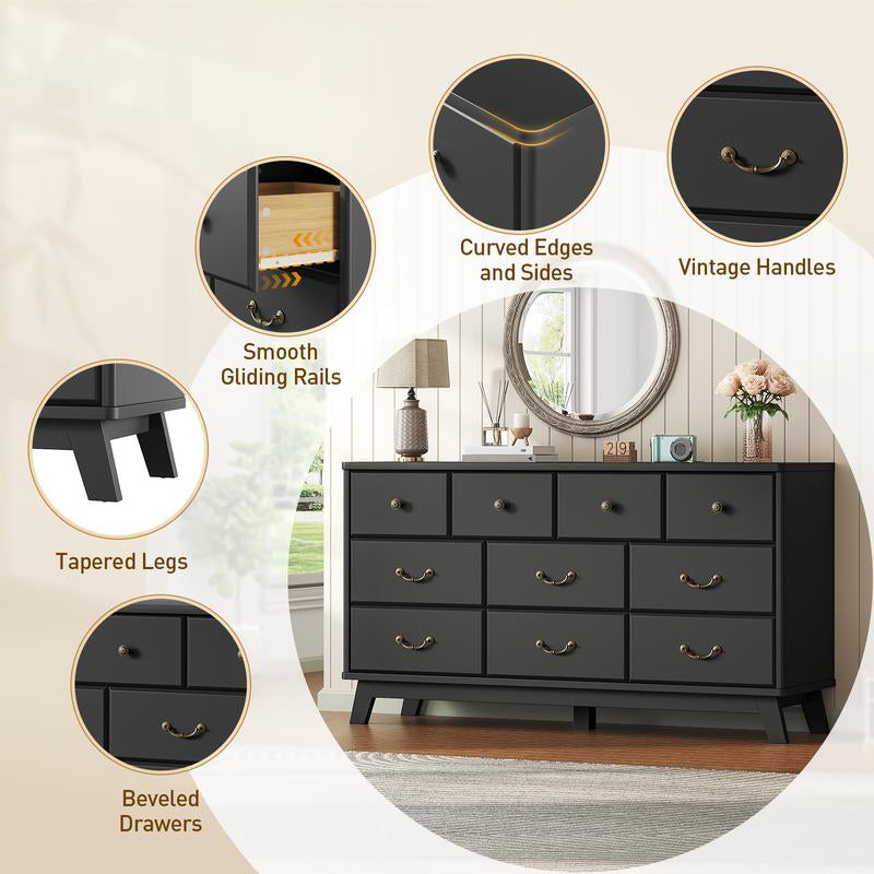 Black Dresser for Bedroom, Wooden 10 Drawer Dresser, 55.1" Wide Chest of Drawers with Vintage Metal Handle, Modern Dressers for Bedroom, Closet, Hallway, Living Room, Dressers TV Stand