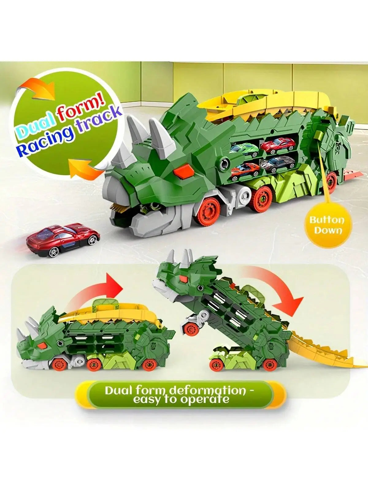 New Product Folding Dinosaur Transporter Car Toys Competitive Game Roll to Eat & Store Die-Cast Cars(Come With2 Metal Cars)