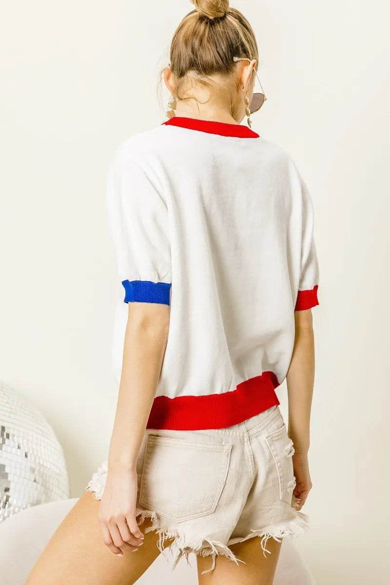 Bibi USA Metallic Letter Color Block Knit Top