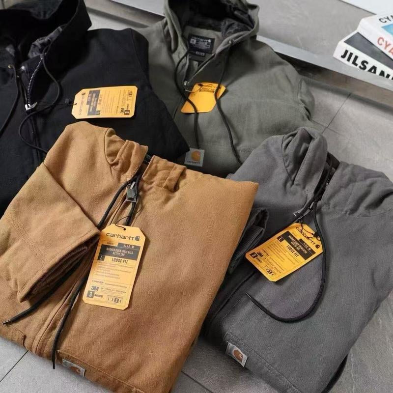 CARHARTT Medium Hooded Work Jacket for Men Brown Color Zip Front Design Practical Workwear with Hooded Feature & Easy Access Zip