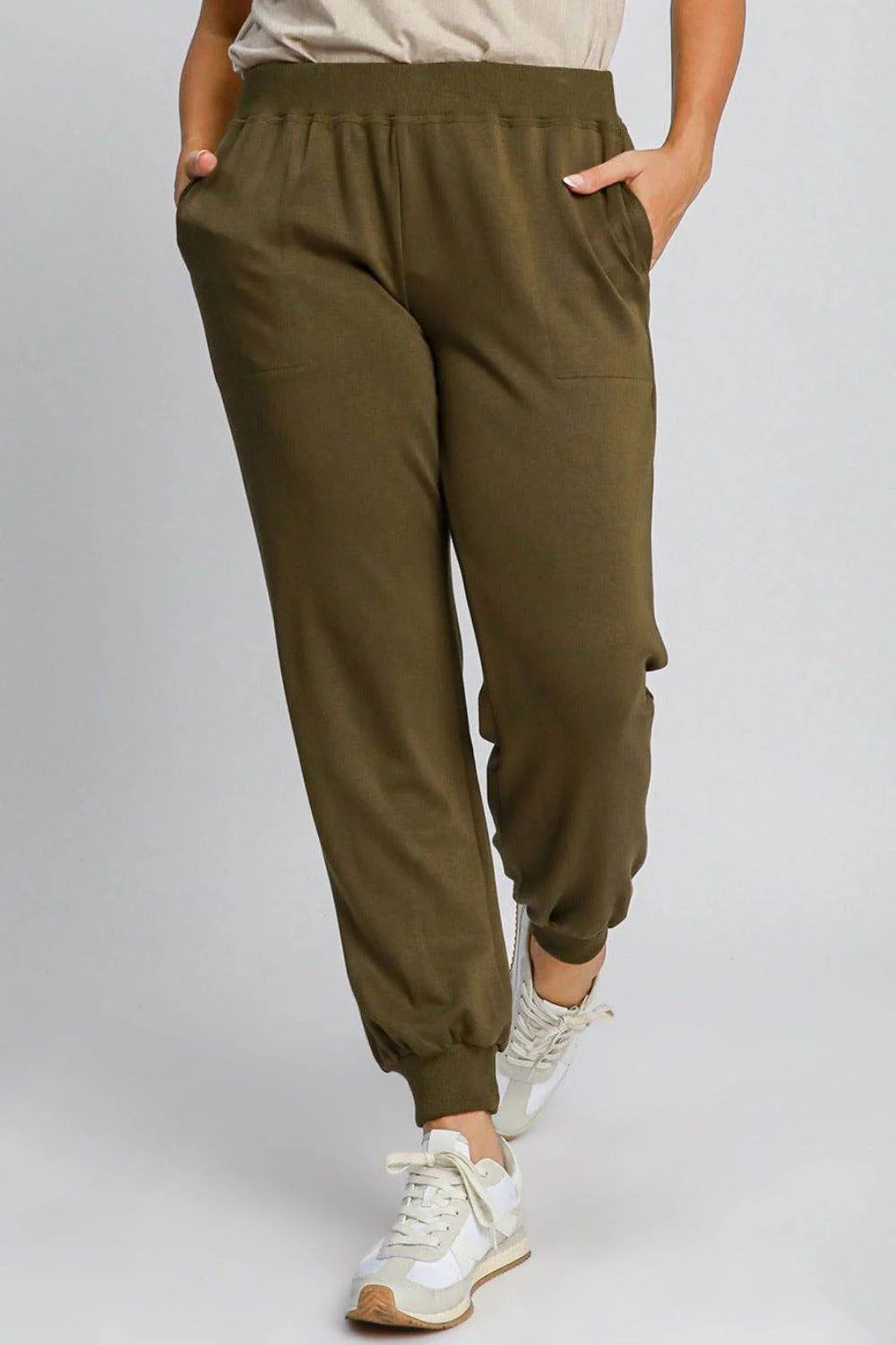 Umgee Full Size High Rise Elastic Waist Knit Joggers with Pockets plus Size