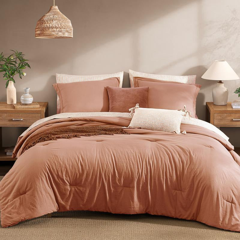 Melex Home 7-Pieces Comforter Set, Modern Farmhouse Coastal Style Bedding, 1 Single-Stitch Comforter, 2 Pillowcases, 2 Shams, 1 Flat & 1 Fitted Sheet