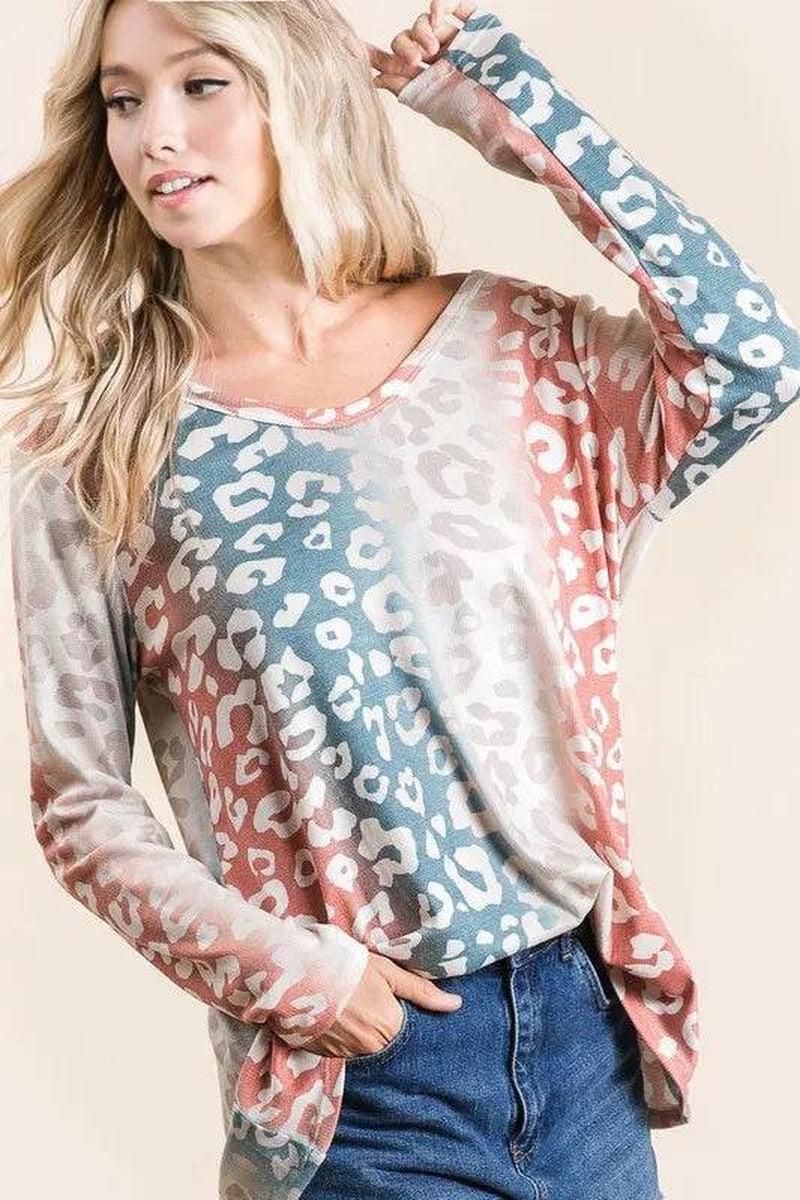 Bibi Gradation Leopard Print Textured Knit Top
