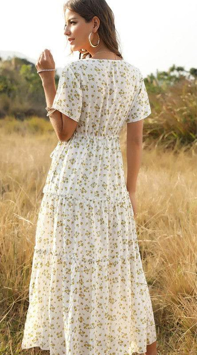 V Neck Floral Tiered Midi Dress