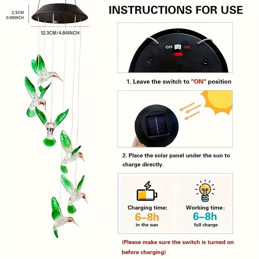 1Pc Solar Light Hummingbird Wind Chimes Outdoor Decor Yard Decor for Christmas Gardening Gift Birthday Gift Halloween Decoration
