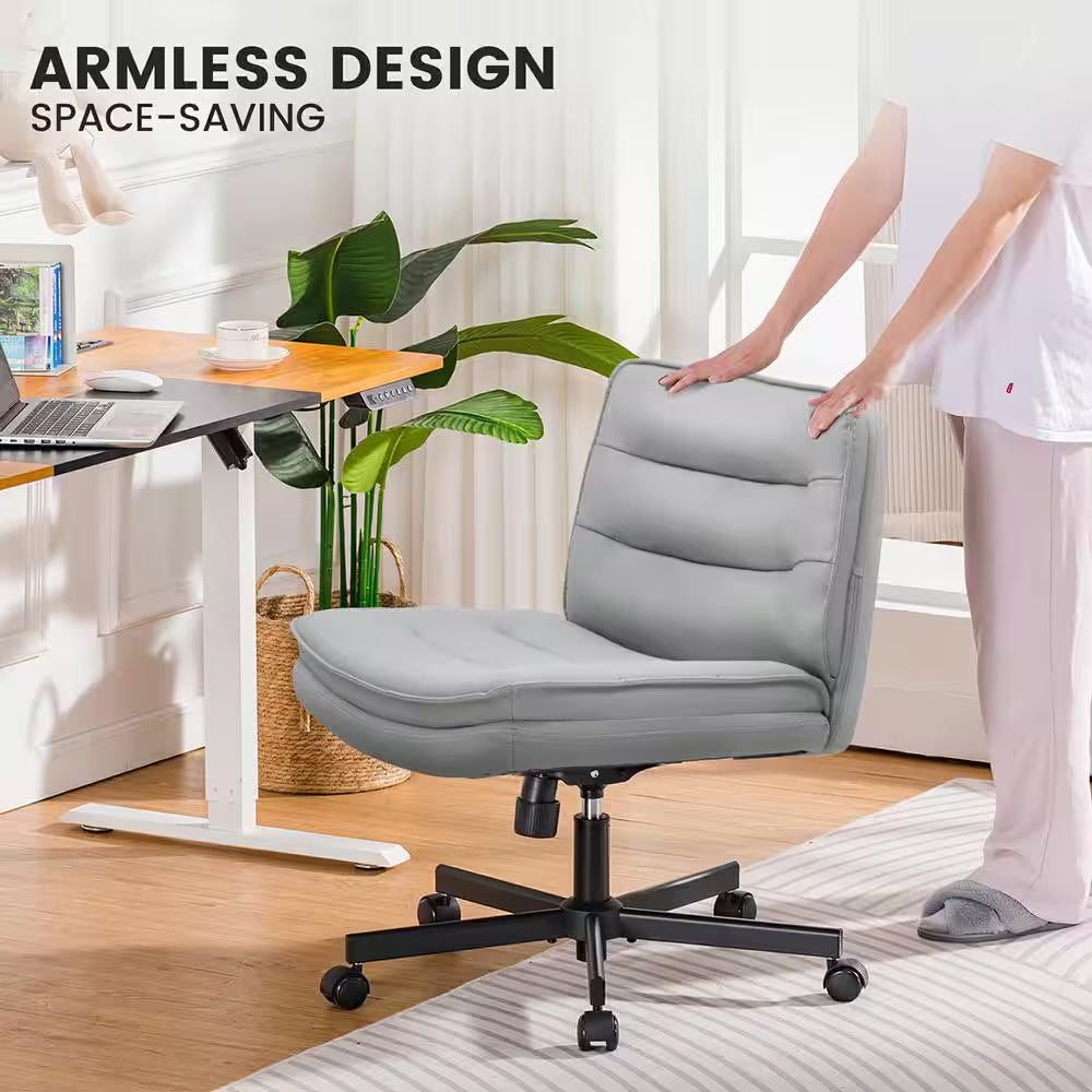 Criss Cross Chair with Wheels PU Leather Armless Cross Legged Office Desk Chair Height Adjustable Vanity Chair, Gray