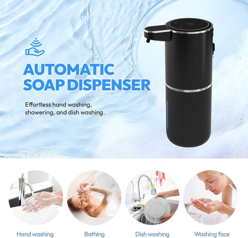 Smart Sensor Soap Dispenser, Automatic Hands-Free Foaming Dispenser USB-C Rechargeable, 4 Foam Settings & Quick Charge, Modern for Kitchen Bathroom Sink, Countertop or Wall Mounted (Black)