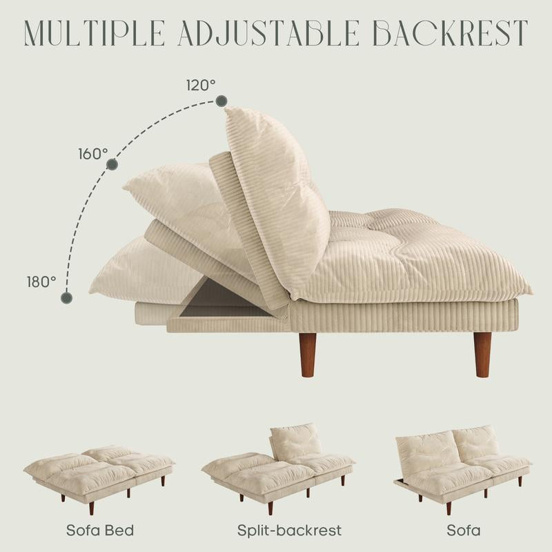 Llappuil 3-In-1 Futon Convertible Sofa Bed, Corduroy Loveaseat Sleeper Sofa Couch for Living Room Apartment Beige.165Cm Frame/175Cm Extended