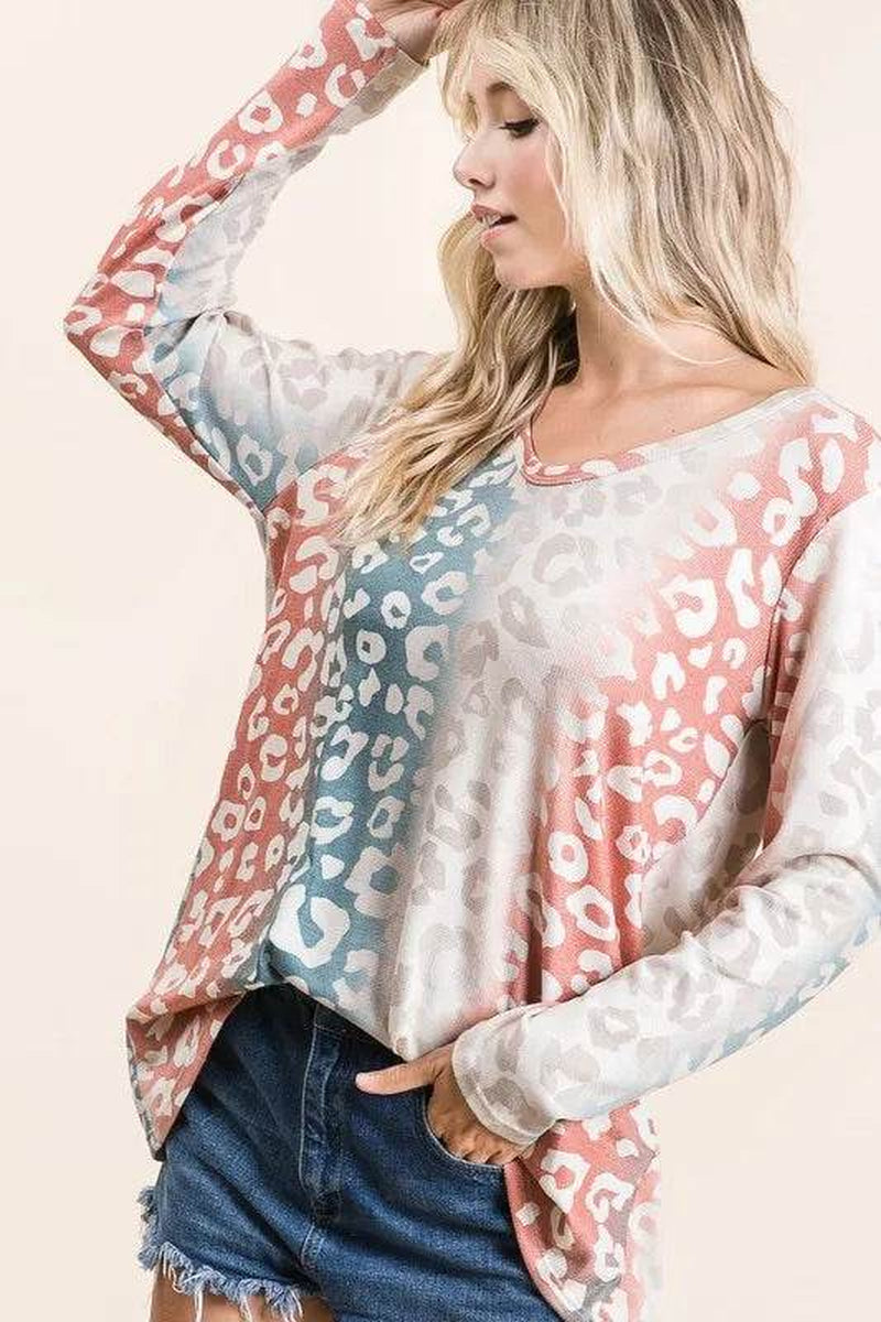Bibi Gradation Leopard Print Textured Knit Top