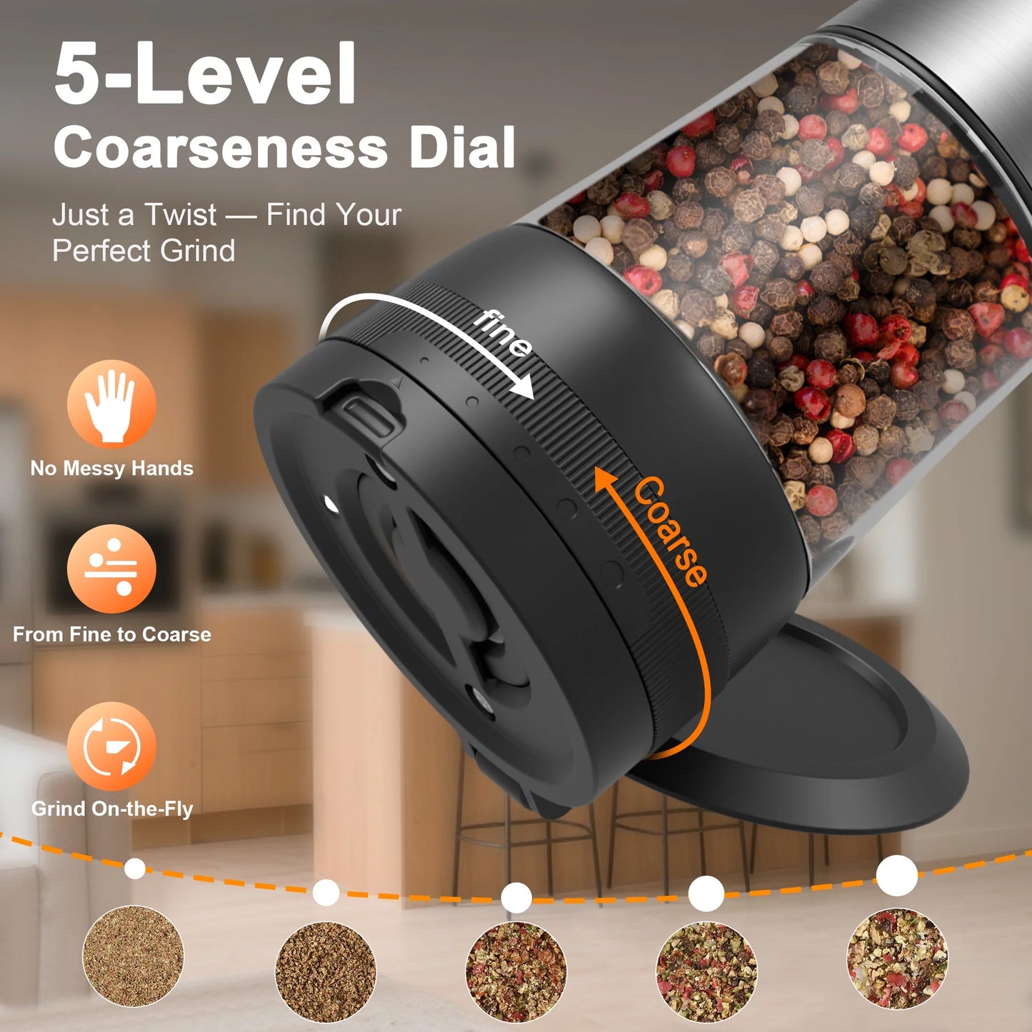 Electric Salt and Pepper Grinder Set – Automatic Rechargeable Pepper Mill with LED Battery Display & USB‑C Charging Base, 5‑Level Adjustable Stainless Steel Spice Mill for Kitchen, Dining & Camping