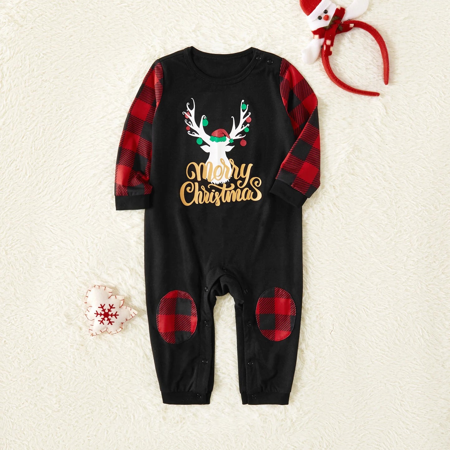 Merry Christmas Pajamas Letter Antler Print Plaid Splice Family Matching Pajamas Sets for Men, Red Plaid, L