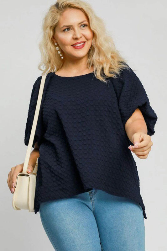 Umgee Full Size Boxy Cut Jacquard round Neck Top with Side Slit plus Size