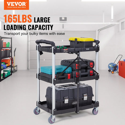 VEVOR Foldable Utility Service Cart, 3 Shelf 165LBS Heavy Duty Plastic Rolling Cart with Lockable Wheels, Ergonomic Handle, Portable Garage Tool Cart for Warehouse/Office/Home(25.62X15.43X32.76)