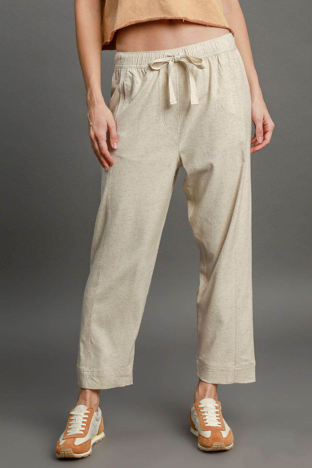 Umgee Full Size Drawstring Elastic Waistband Linen Blend Pants plus Size