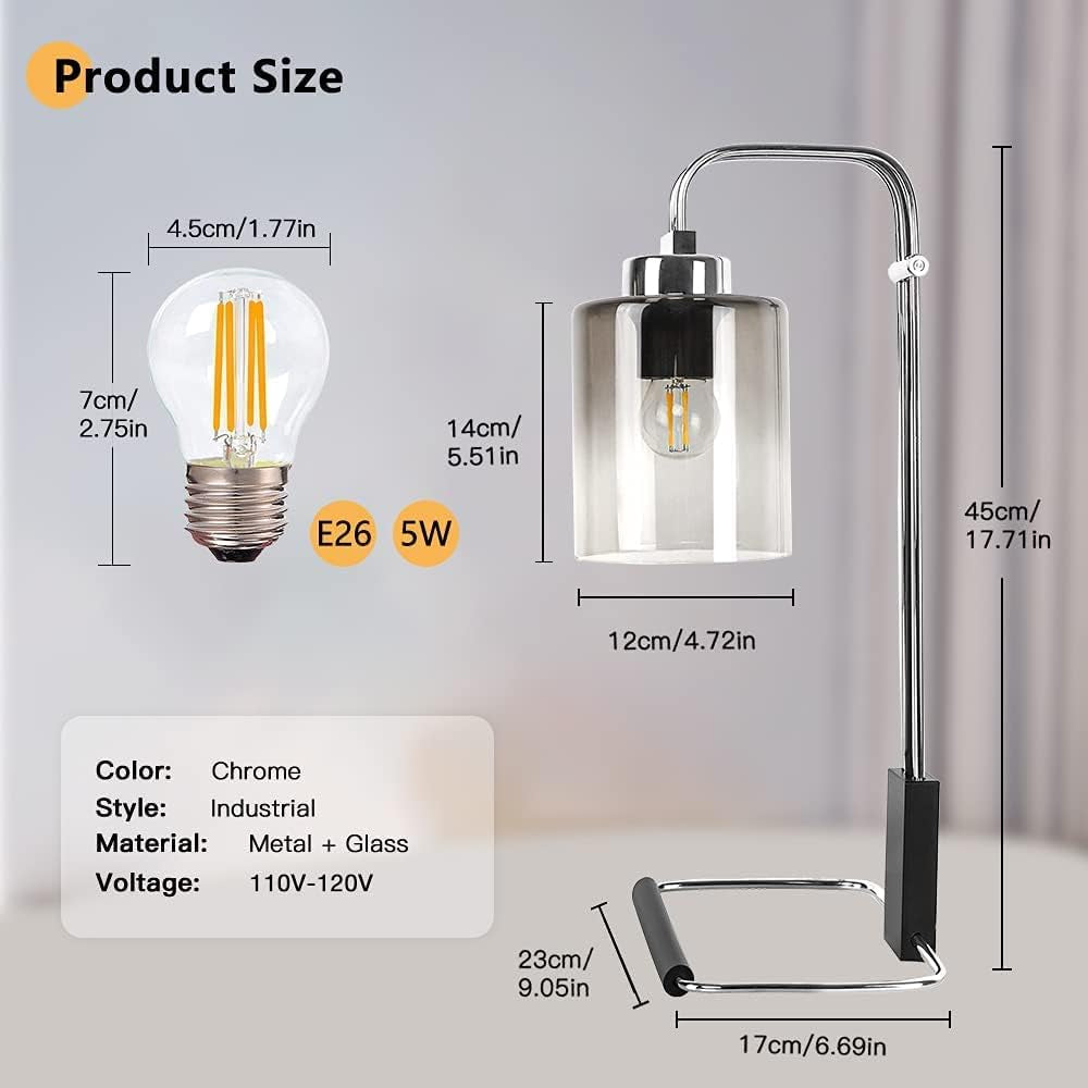 DLLT Industrial Table Lamp, Metal besides Reading Lamps with Gradient Grey Glass Lampshade, Vintage Nightstand Desk Light for Bedroom Living Room Office Dorm, Chrome Finish, 5W Bulb Included