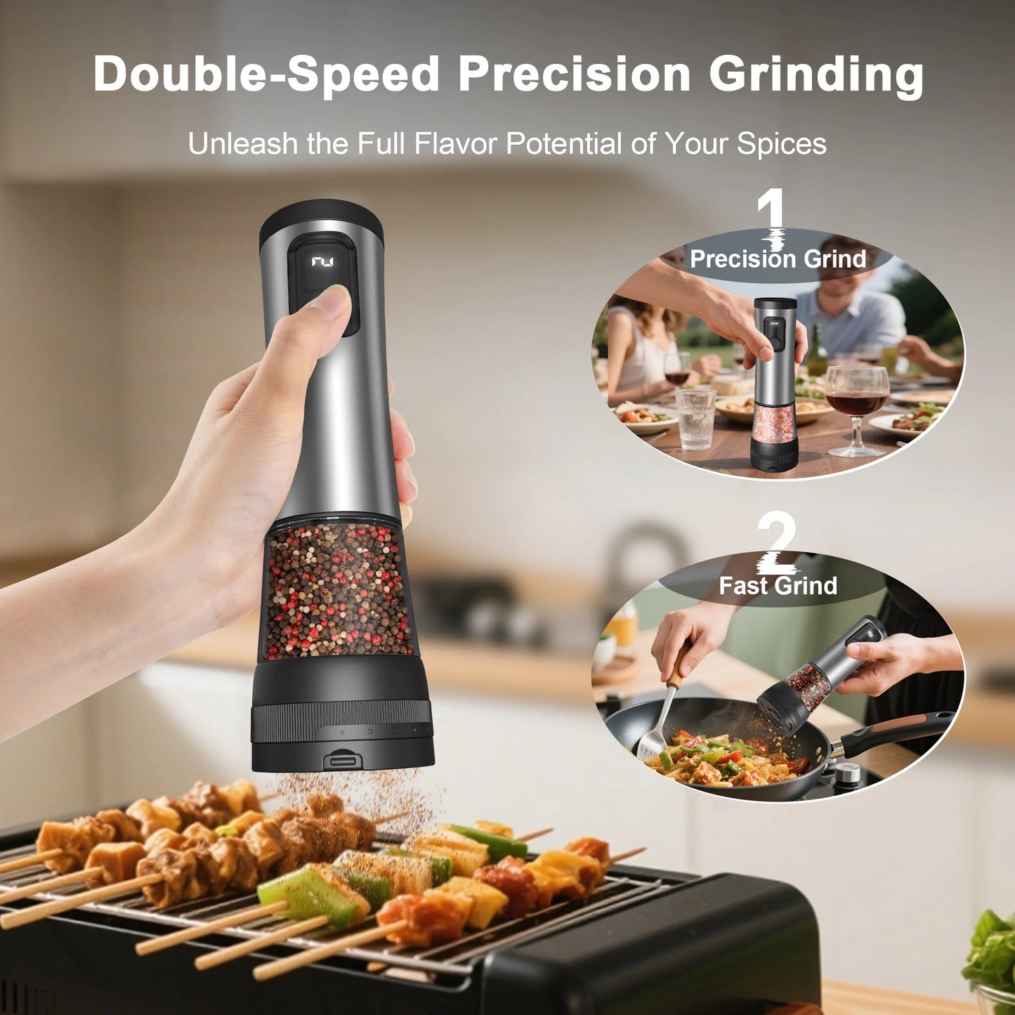 Electric Salt and Pepper Grinder Set – Automatic Rechargeable Pepper Mill with LED Battery Display & USB‑C Charging Base, 5‑Level Adjustable Stainless Steel Spice Mill for Kitchen, Dining & Camping