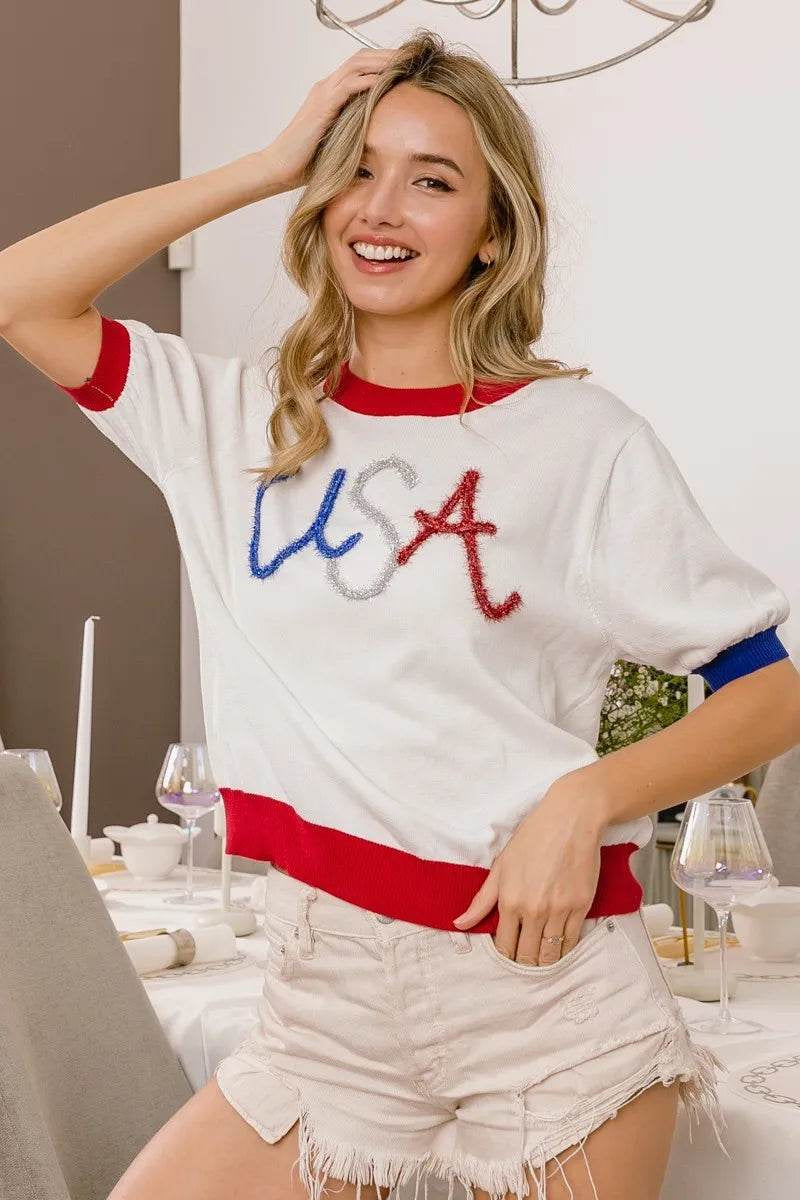 Bibi USA Metallic Letter Color Block Knit Top