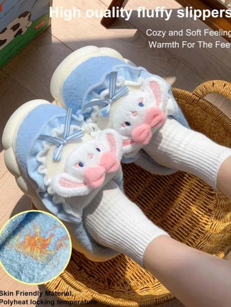 Women'S Thick Sole Plush Slippers for Home Use, Cute Cartoon Rabbit Design, Warm Non-Slip Winter Footwear, Cozy House Slippers