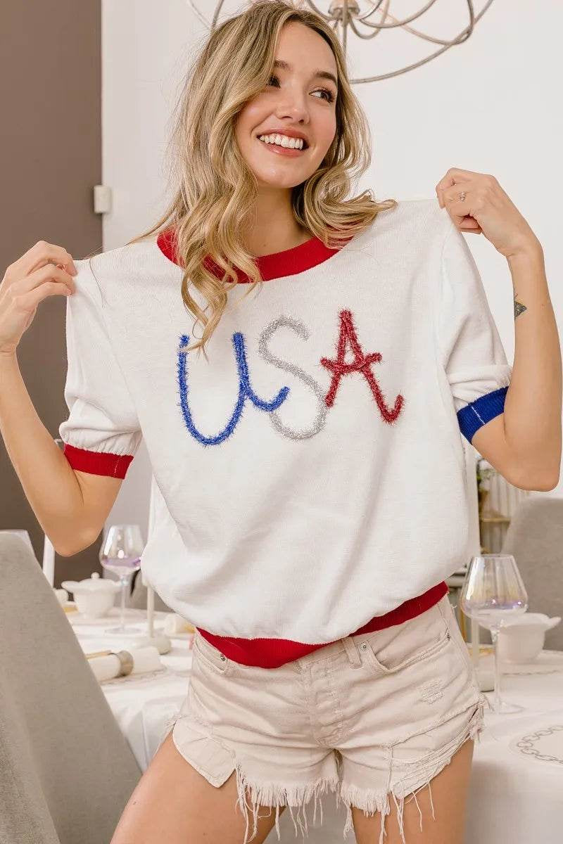 Bibi USA Metallic Letter Color Block Knit Top