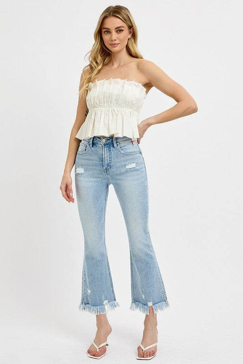RISEN Full Size Raw Hem Distressed Cropped Flare Jeans plus Size