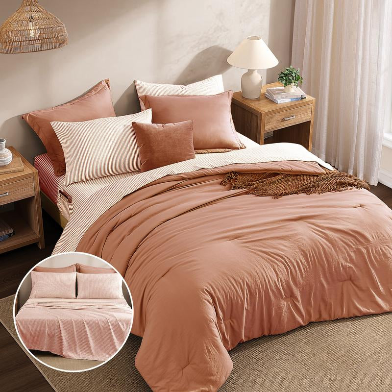 Melex Home 7-Pieces Comforter Set, Modern Farmhouse Coastal Style Bedding, 1 Single-Stitch Comforter, 2 Pillowcases, 2 Shams, 1 Flat & 1 Fitted Sheet