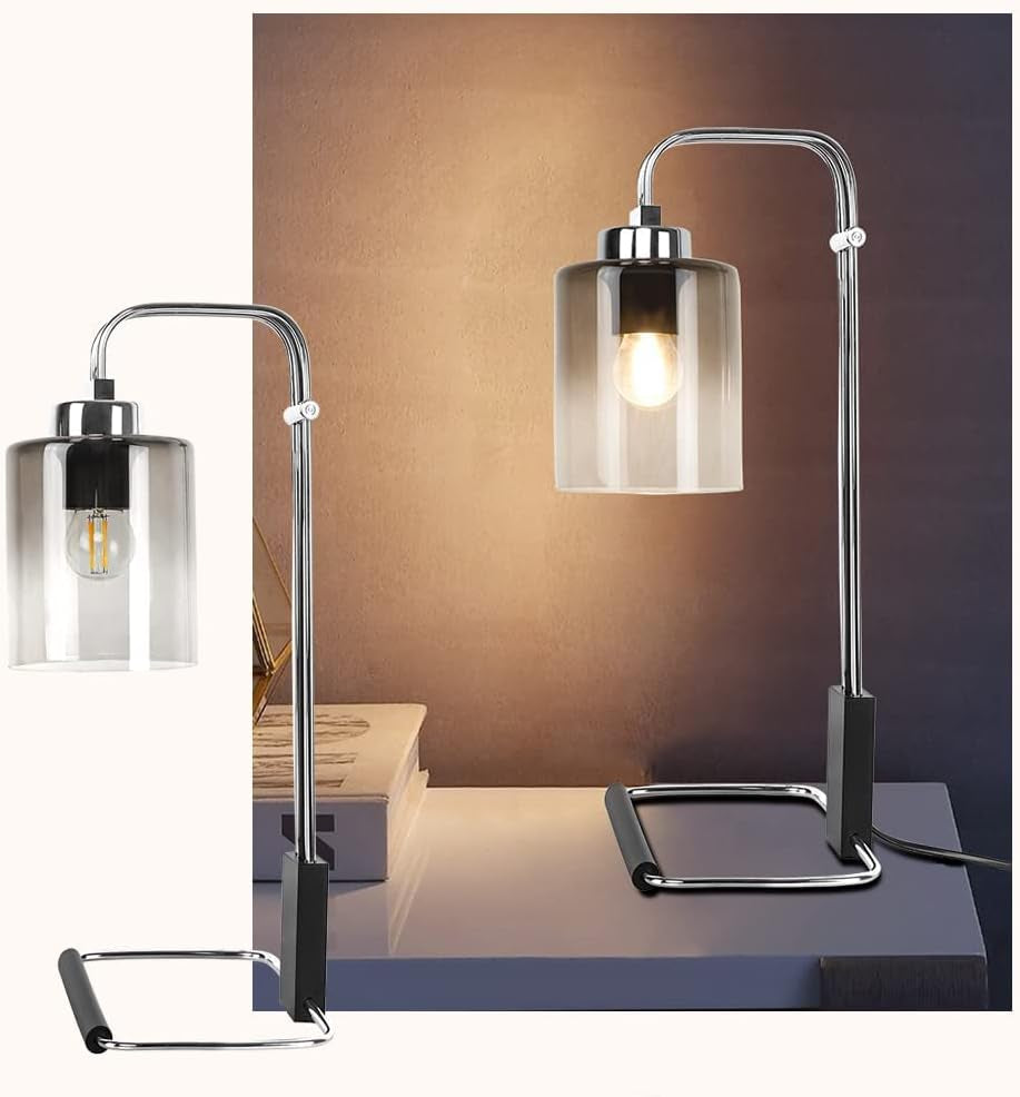 DLLT Industrial Table Lamp, Metal besides Reading Lamps with Gradient Grey Glass Lampshade, Vintage Nightstand Desk Light for Bedroom Living Room Office Dorm, Chrome Finish, 5W Bulb Included