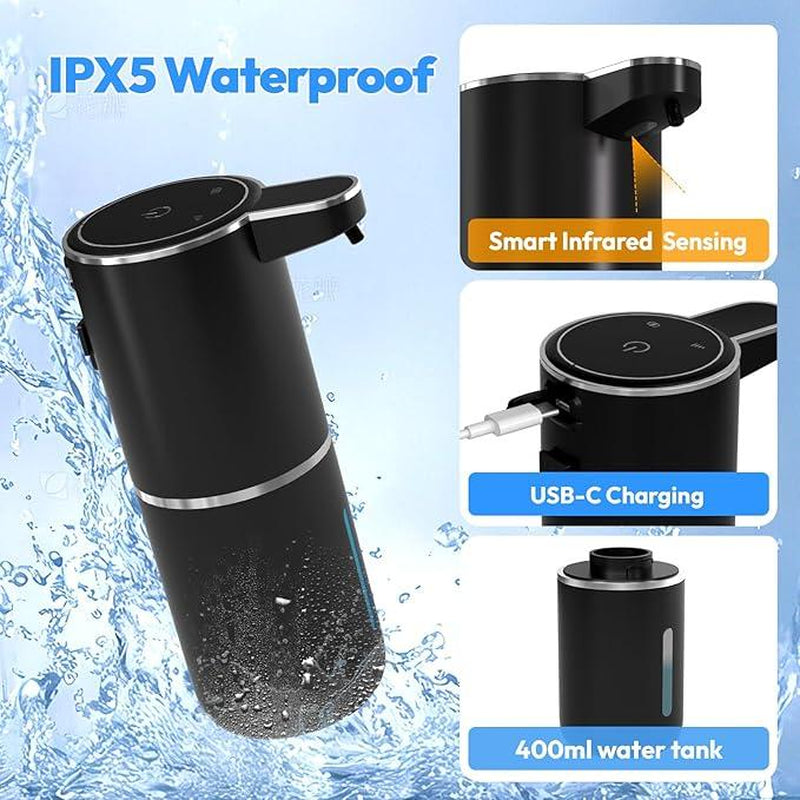 Smart Sensor Soap Dispenser, Automatic Hands-Free Foaming Dispenser USB-C Rechargeable, 4 Foam Settings & Quick Charge, Modern for Kitchen Bathroom Sink, Countertop or Wall Mounted (Black)