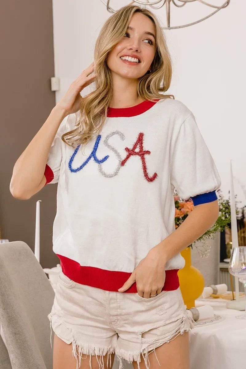 Bibi USA Metallic Letter Color Block Knit Top