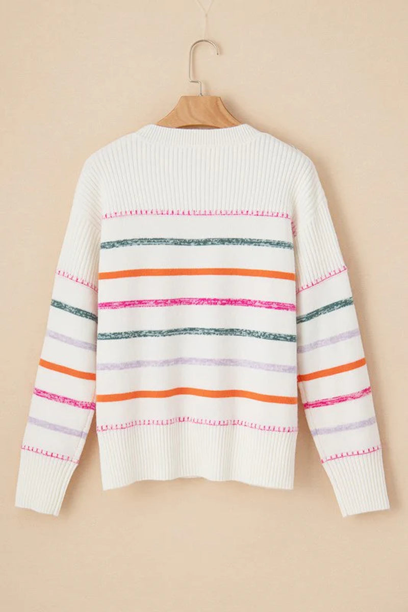 Colorful Striped Ribbed Trim round Neck Sweater