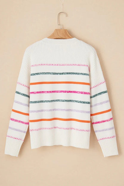 Colorful Striped Ribbed Trim round Neck Sweater