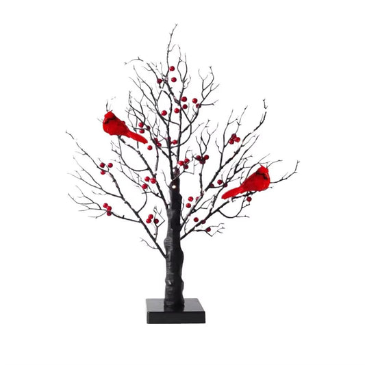 LED Retro Luminous Christmas Tree Lamp Festival Christmas Decoration with Red Fruit and Bird Decor for Tabletop