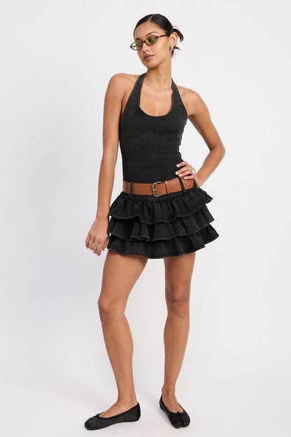 MINI BELTED RUFFLED DENIM DRESS with HALTER NECK