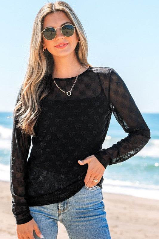 Black Bow Pattern Accent Mesh Long Sleeve Top