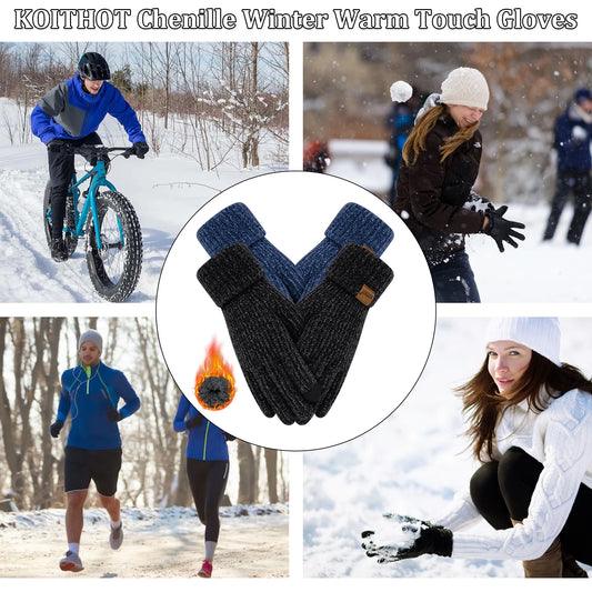2 Pairs Winter Gloves for Women Chenille, Winter Warm Thick Lined Touchscreen Fingers Weather Gloves