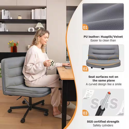 Criss Cross Chair with Wheels PU Leather Armless Cross Legged Office Desk Chair Height Adjustable Vanity Chair, Gray