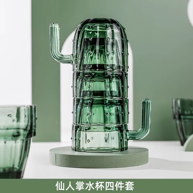 Green Cactus Glass Mug Set Stackable Cup Set Water Cups Afternoon Teacup Fruit Teacup Drinkware Glass Set Drink Cup Juice Cups