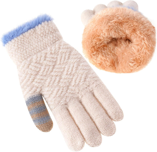 Winter Gloves for Boys Girls - Kids Warm Knit Thermal Cable Knitted Gloves Wool Fleece Lined Mittens for Cold Weather