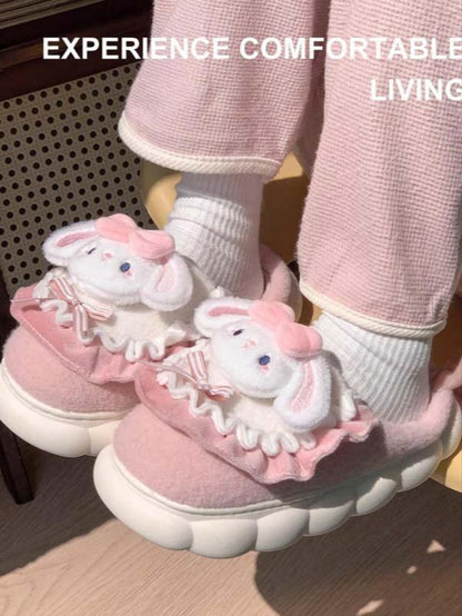 Women'S Thick Sole Plush Slippers for Home Use, Cute Cartoon Rabbit Design, Warm Non-Slip Winter Footwear, Cozy House Slippers