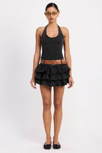 MINI BELTED RUFFLED DENIM DRESS with HALTER NECK