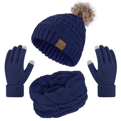 3 Pcs Women Winter Hat and Gloves Sets, Beanies Knit Classic Neck Warmer and Touchscreen Gloves Blue