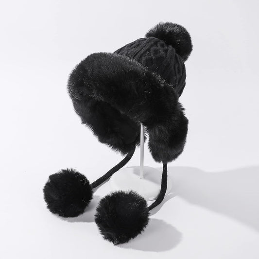 Women Winter Peruvian Cover Ears Beanie Hat Ear Flaps Sherpa Ski Snow Hats Knit Fleece Lined 3 Pom Pom