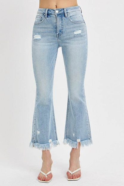 RISEN Full Size Raw Hem Distressed Cropped Flare Jeans plus Size