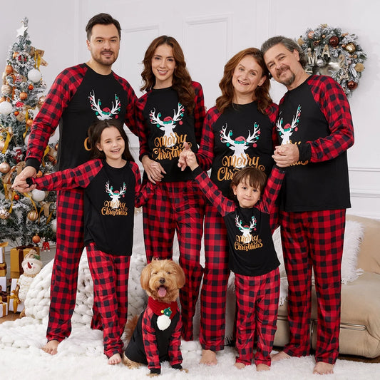 Merry Christmas Pajamas Letter Antler Print Plaid Splice Family Matching Pajamas Sets for Men, Red Plaid, L