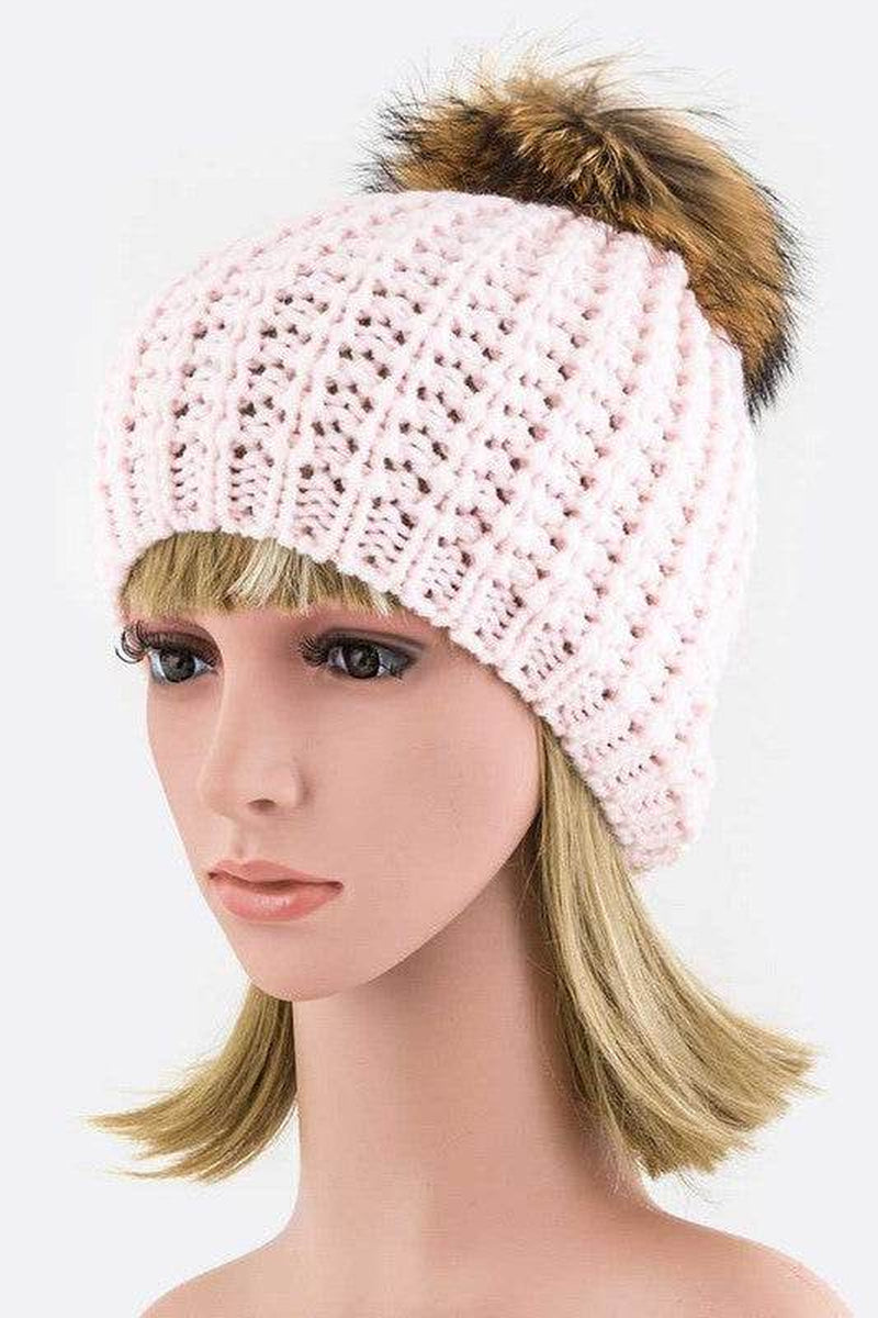 Raccoon Fur Pompom Beanie