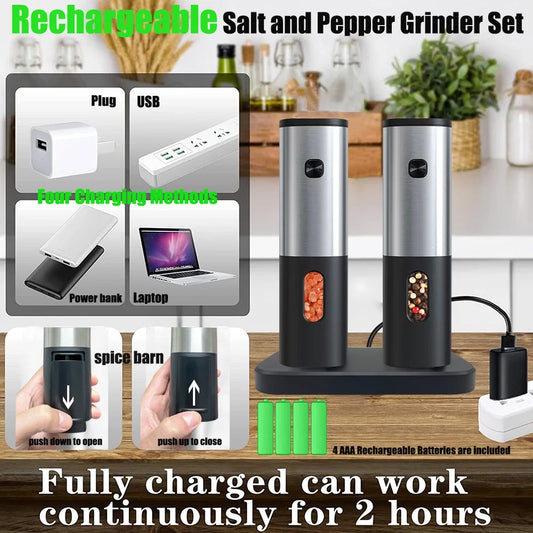 Rechargeable Electric Salt and Pepper Grinder Sets with Charging Base,  Stainless Steel Pepper Grinder with Rechargeable Batteries, Salt Grinder with Adjustable Coarseness and LED Blue Light