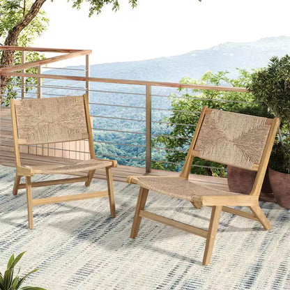 Angelo PE Wicker and Solid Wood Outdoor Patio Lounge Chair, Light Teak, Set of 2